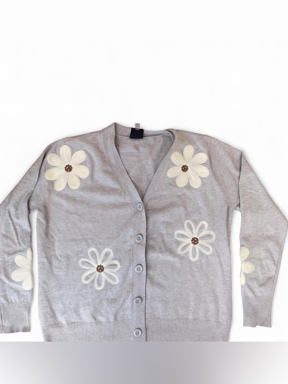 Aaeda Light Gray Floral Appliqué V-Neck Cardigan